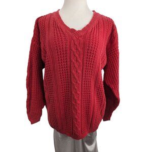 Vintage Bugle Boy Women Red V-Neck Cable Knit Long Sleeve Pullover Sweater Sz M